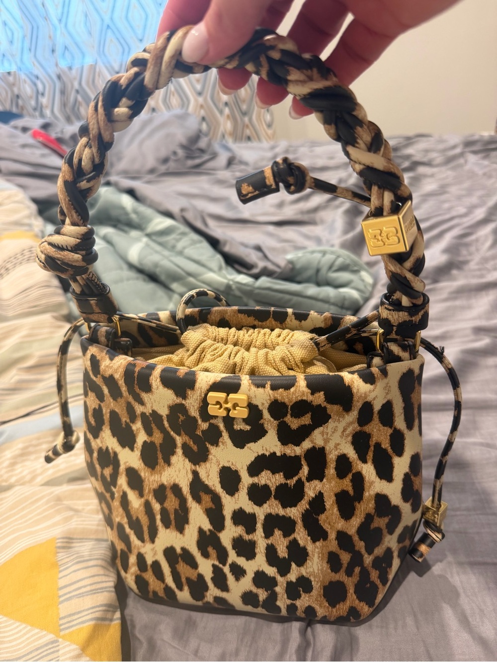 Ganni Leopard Print Mini Bucket Bag with Braided Handle and Gold Hardware